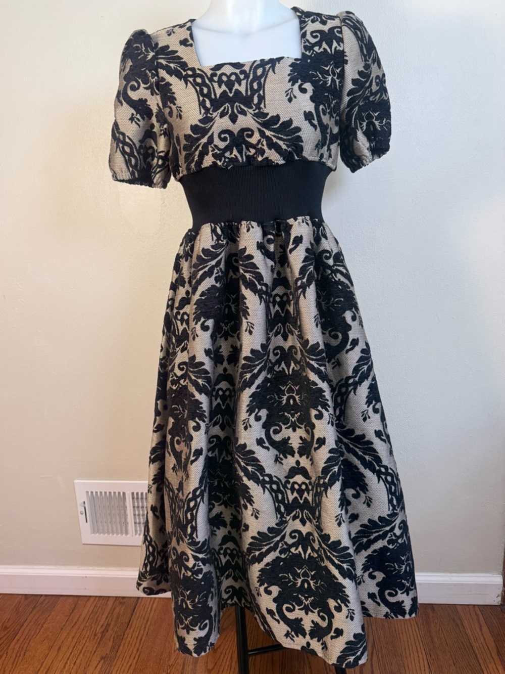 Black Brocade Gold Puff Sleeve Dress Medium 4 6 Cocktail Long Princess LazyBons